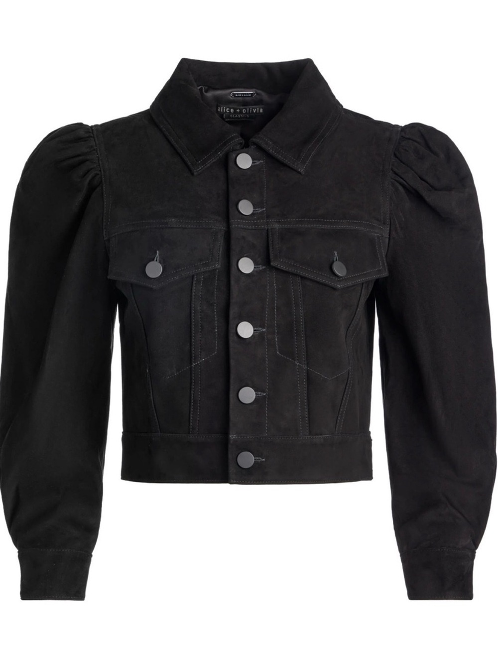 Alice + Olivia “Lana” Suede Black Puff-Sleeve Cropped Jacket